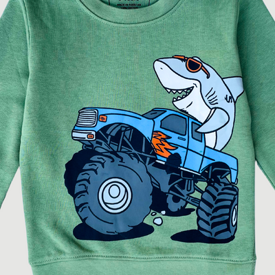 Shark on Monster Truck in Green Sweatshirt