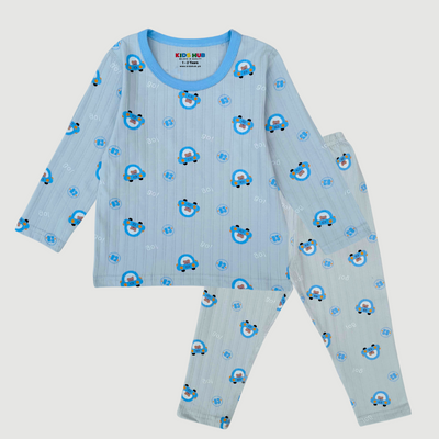 Go Bear in Car in Gray Full Sleeves Tee & Pajama Set Premium