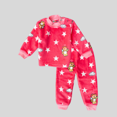 Angel Bear with Stars in Pink Soft Rabbit Fur Full Sleeves Shirt & Pajama Set