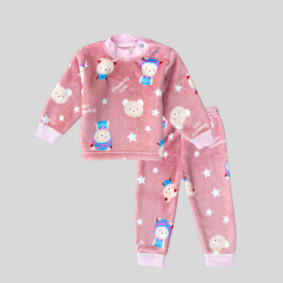 Baby Bear with Stars in Tea Pink Soft Rabbit Fur Full Sleeves Shirt & Pajama Set