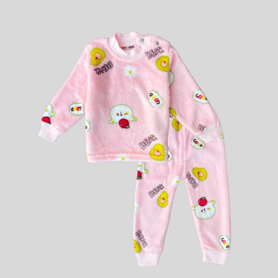 Bear with Apple in Pink Soft Rabbit Fur Full Sleeves Shirt & Pajama Set