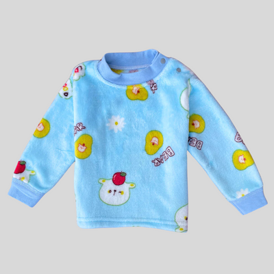 Bear with Apple in Sky Blue Soft Rabbit Fur Full Sleeves Shirt & Pajama Set