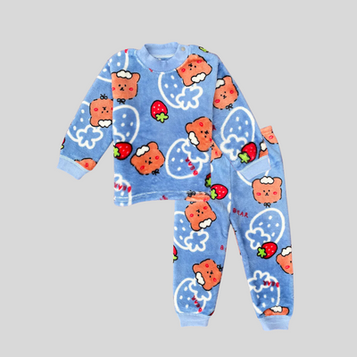 Bear with Big Strawberry in Dark Blue Soft Rabbit Fur Full Sleeves Shirt & Pajama Set