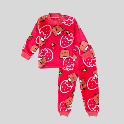 Bear with Big Strawberry in Red Soft Rabbit Fur Full Sleeves Shirt & Pajama Set