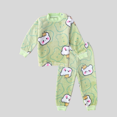 Bear with Crown in Green Soft Rabbit Fur Full Sleeves Shirt & Pajama Set