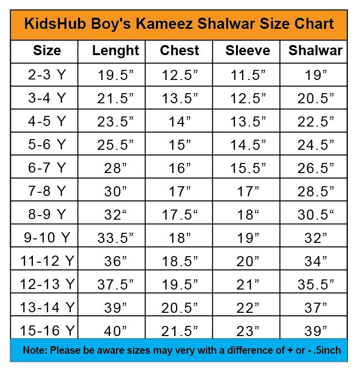 Desert Elegance Kids Suit size chart