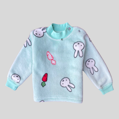 Bunny & Carrot in Sea Green Soft Rabbit Fur Full Sleeves Shirt & Pajama Set