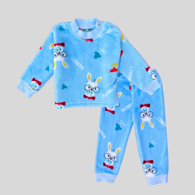 Bunny with Glassies in Rain in Sky Blue Soft Rabbit Fur Full Sleeves Shirt & Pajama Set