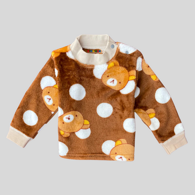 Cute Bear & Circles in Brown Soft Rabbit Fur Full Sleeves Shirt & Pajama Set