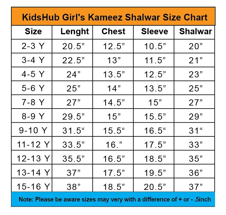 Laal Pari size chart