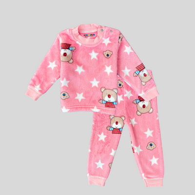 Kwala with Stars in Pink Soft Rabbit Fur Full Sleeves Shirt & Pajama Set