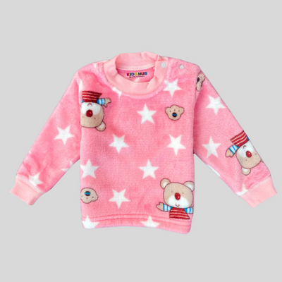 Kwala with Stars in Pink Soft Rabbit Fur Full Sleeves Shirt & Pajama Set