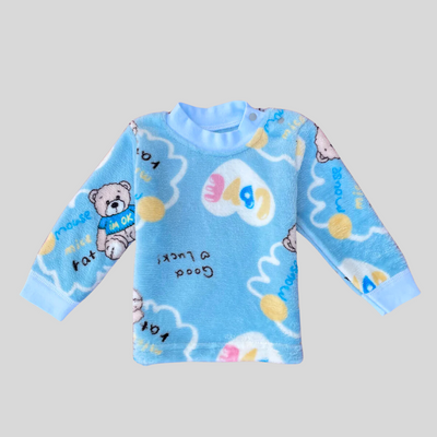 Love Bear in Sky Blue Soft Rabbit Fur Full Sleeves Shirt & Pajama Set