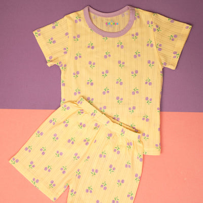 Mauve Flowers 1 in Off White Tee and Shorts Set