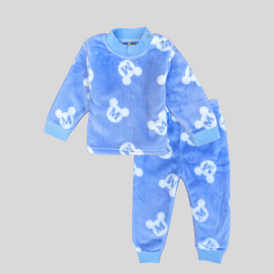 Mickey with M in Sky Blue Soft Rabbit Fur Full Sleeves Shirt & Pajama Set