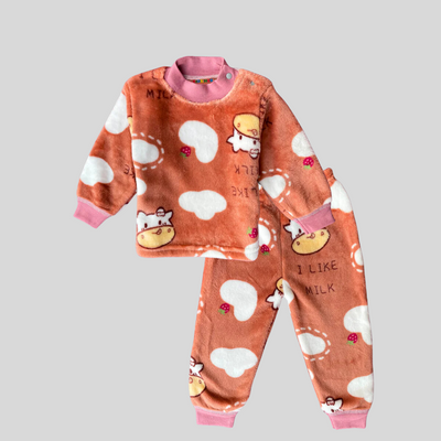 Moo Moo Cow in Brown Soft Rabbit Fur Full Sleeves Shirt & Pajama Set