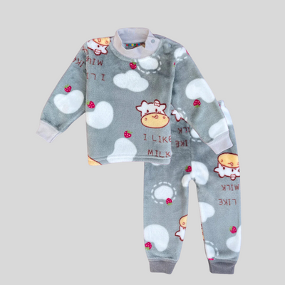 Moo Moo Cow in Gray Soft Rabbit Fur Full Sleeves Shirt & Pajama Set