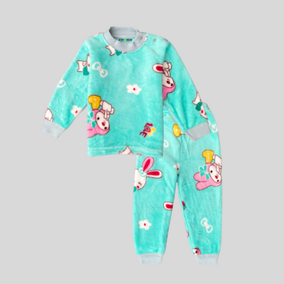 Bunny With Heart & Strawberry in Sea Green Soft Rabbit Fur Full Sleeves Shirt & Pajama Set