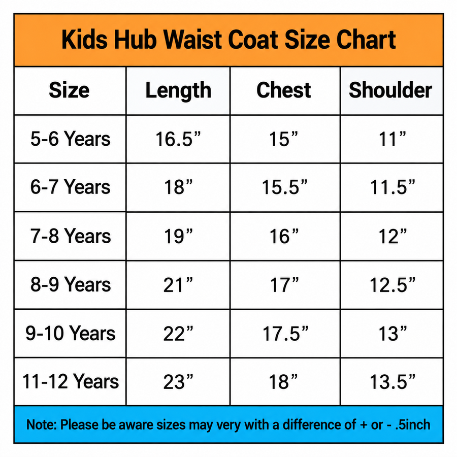 Royal Black Waistcoat size chart