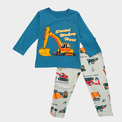 Working Hard Crane in Blue Full Sleeves Tee & Pajama Set